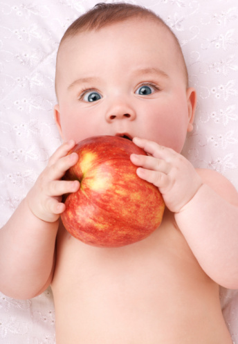 baby holding an apple