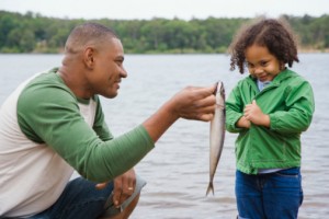 Dad fishing with daughter
